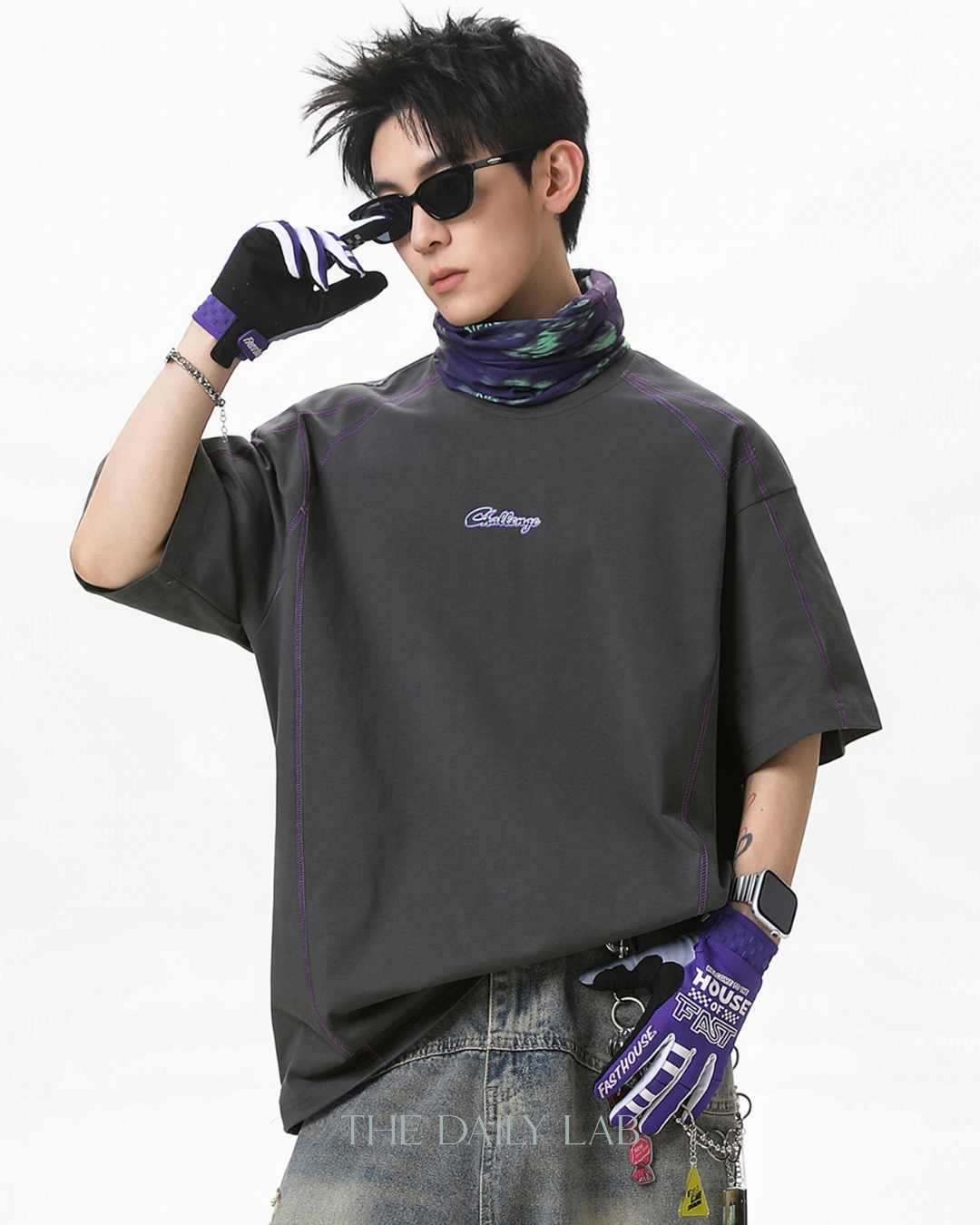 Contrast Panel Letter Tee in Dark Grey