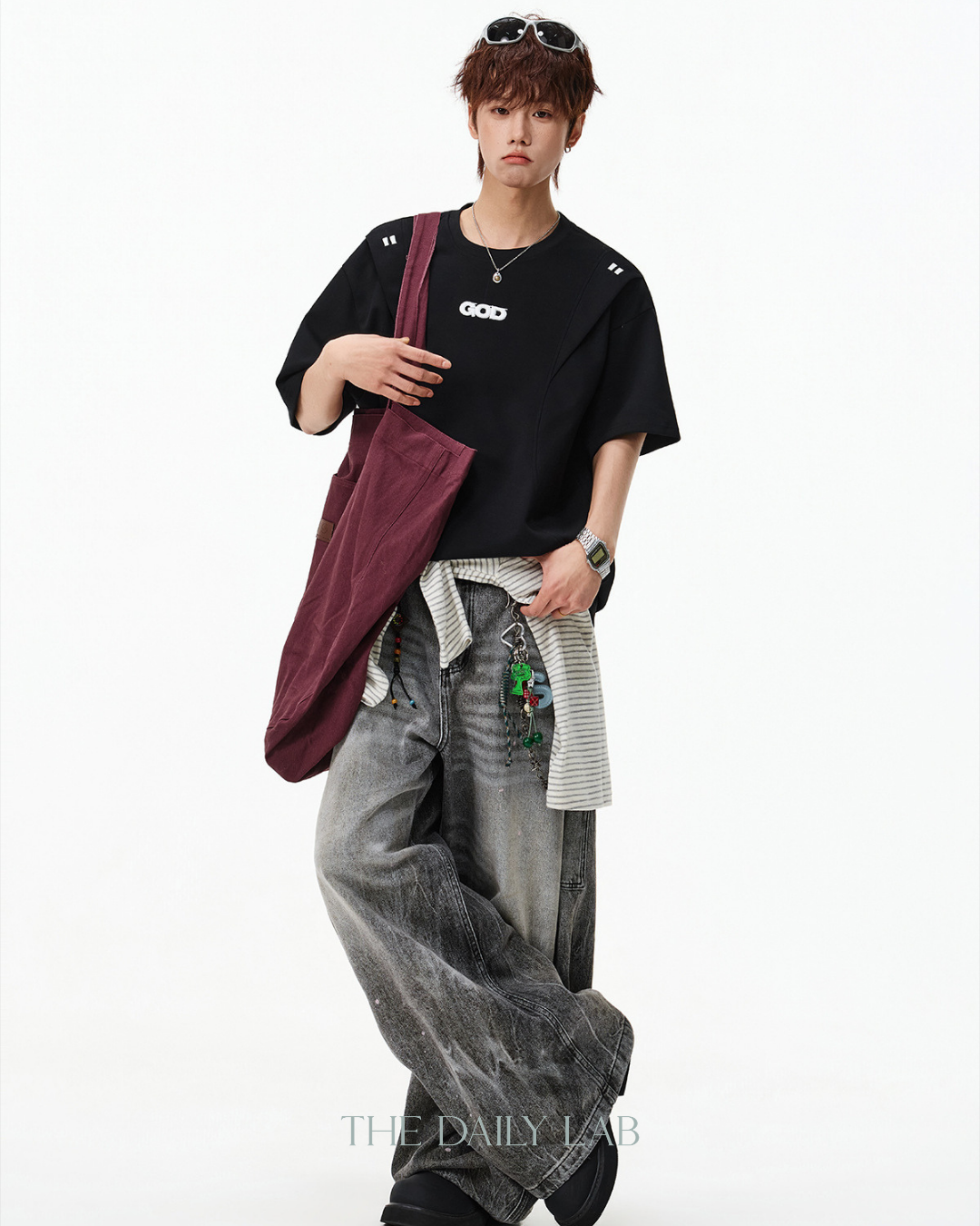 Structured Panel Cotton T-Shirt in Black