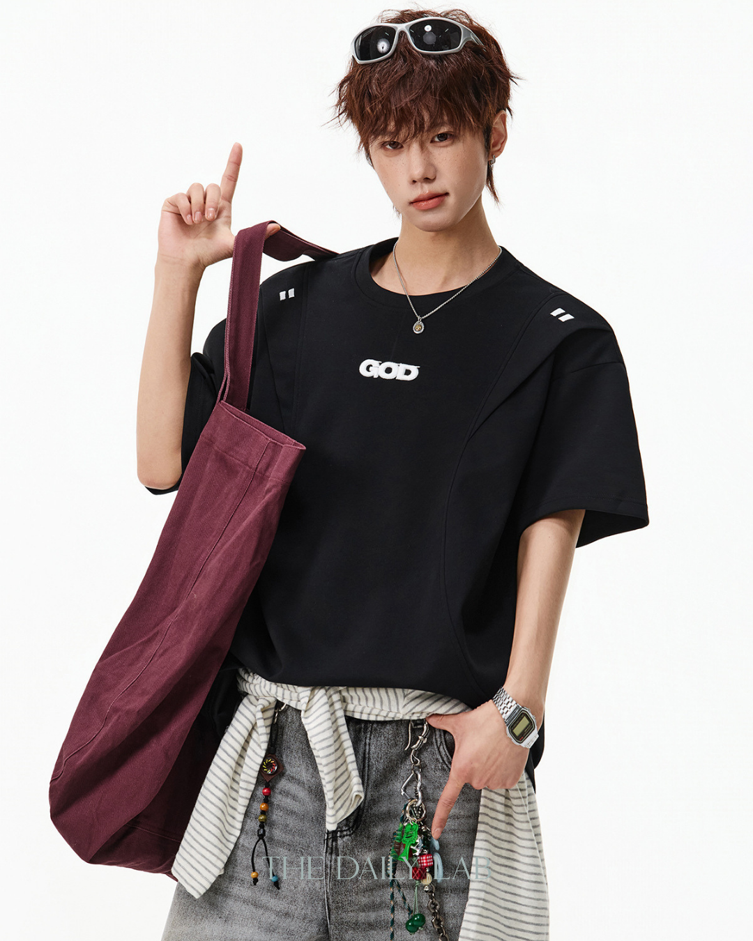 Structured Panel Cotton T-Shirt in Black