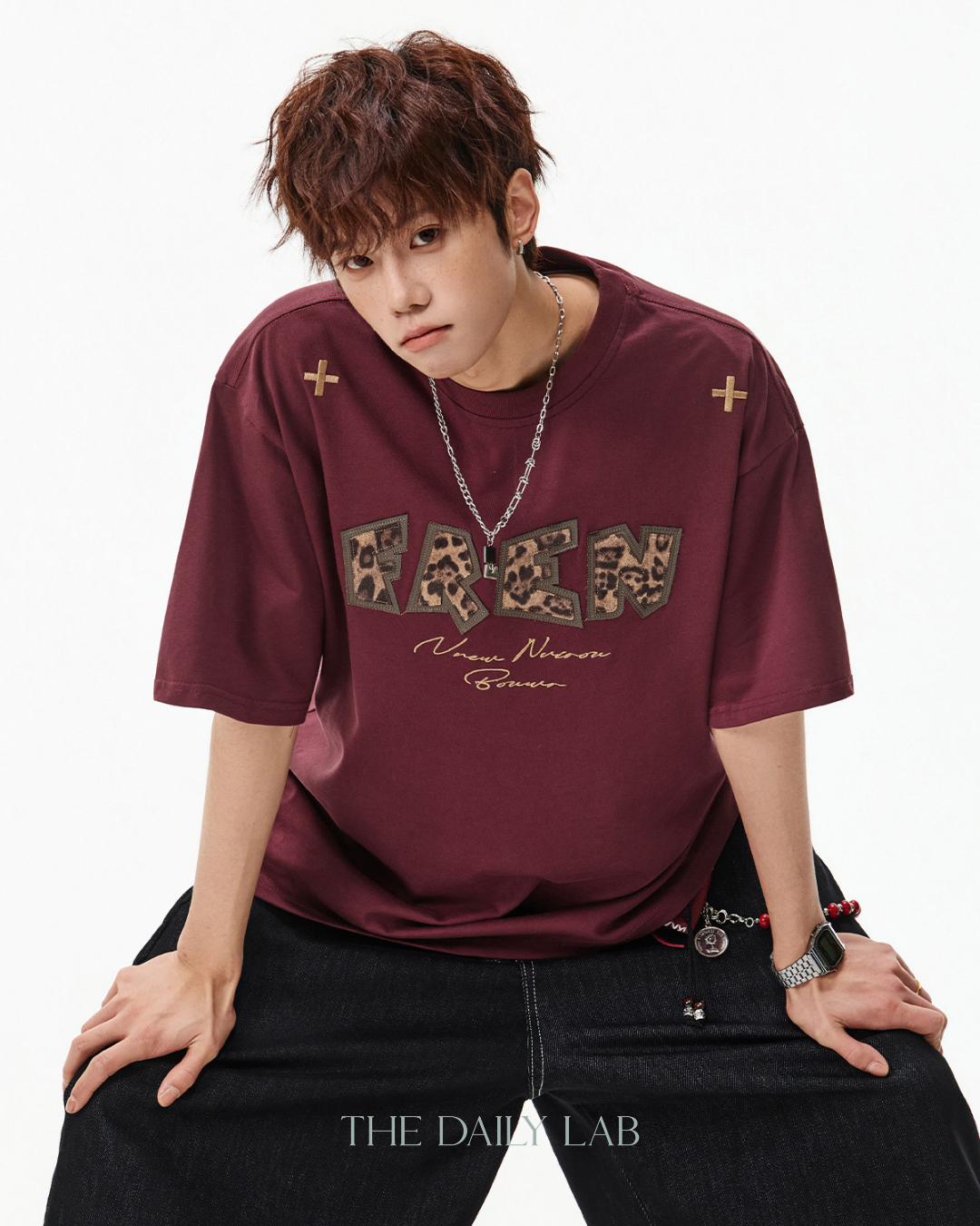 Leopard Print Patch Embroidered Tee in Red