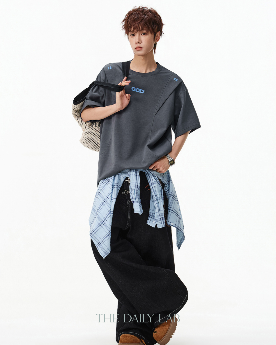 Structured Panel Cotton T-Shirt in Dark Grey
