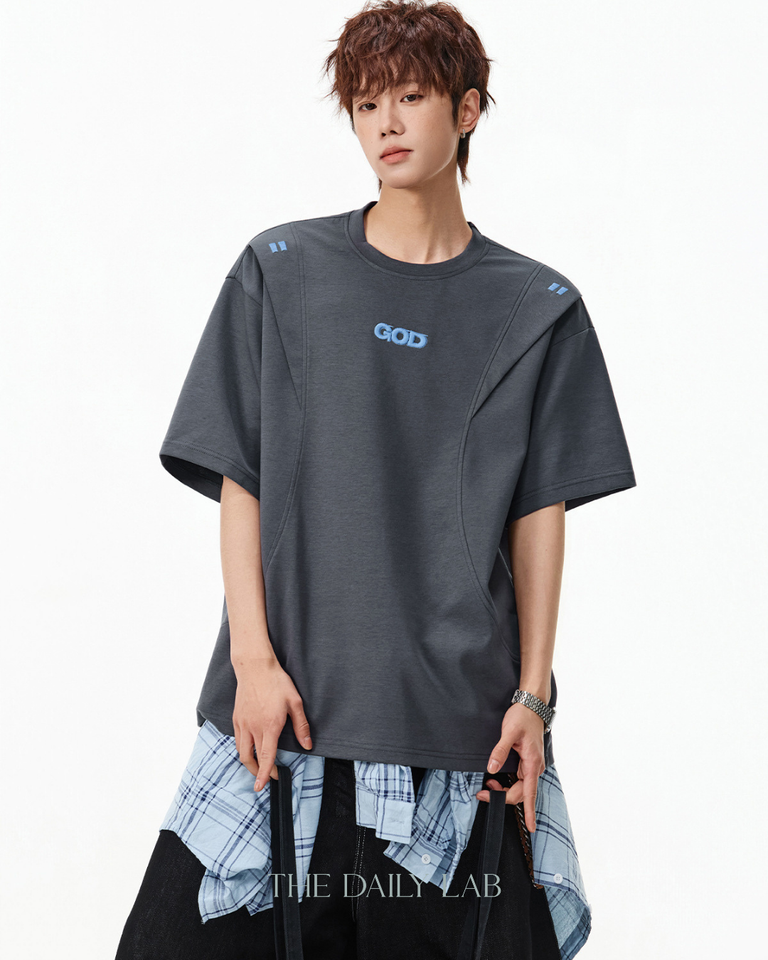 Structured Panel Cotton T-Shirt in Dark Grey