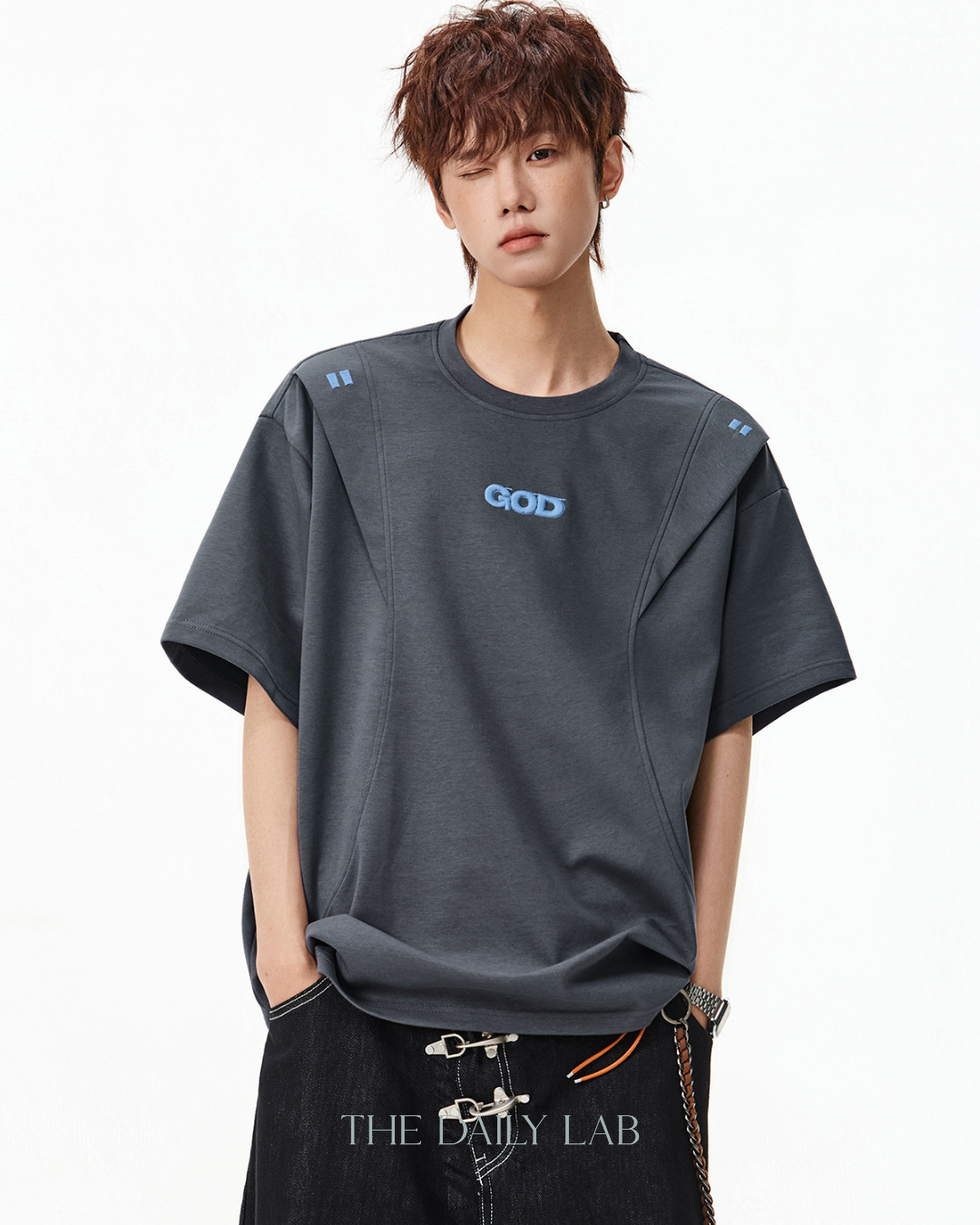 Structured Panel Cotton T-Shirt in Dark Grey