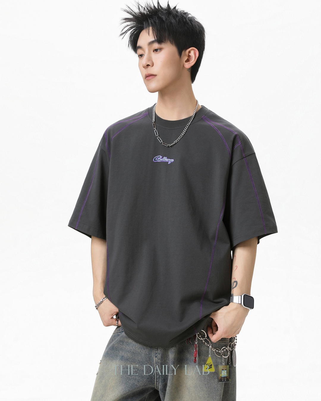 Contrast Panel Letter Tee in Dark Grey