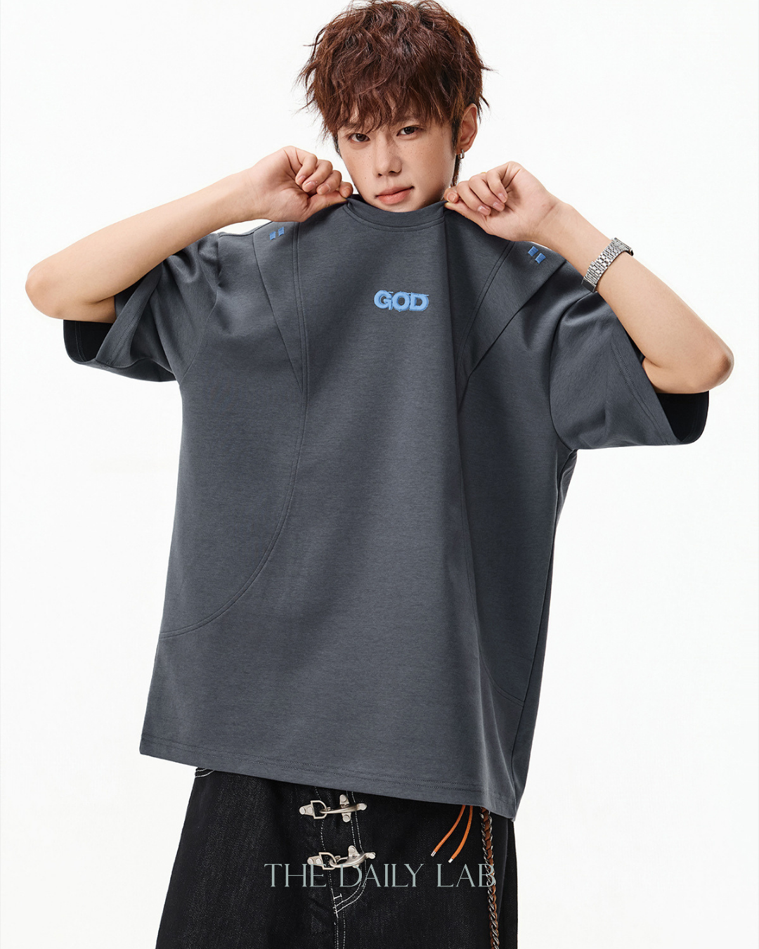 Structured Panel Cotton T-Shirt in Dark Grey