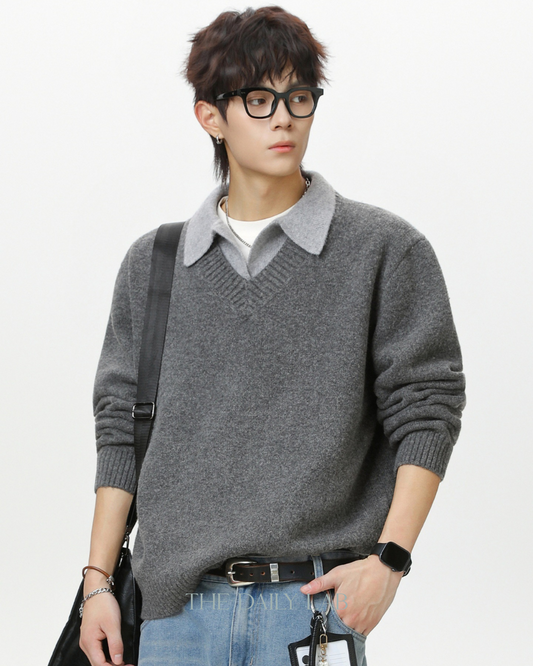 Vintage Lapel Knit Sweater Jacket in Grey