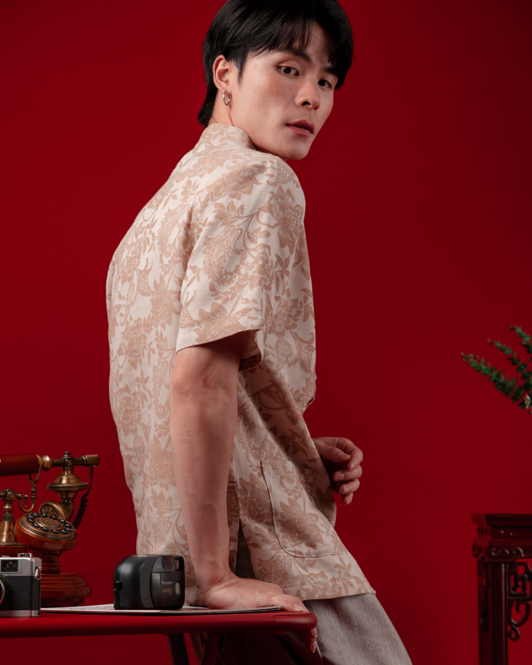 Chinese Style Floral Short Sleeve Shirt in Beige