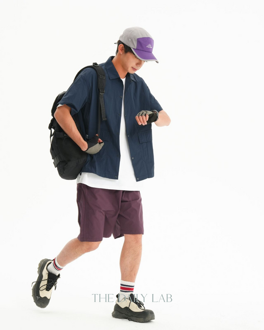 Solid Color Functional Short Sleeve Shirt In Navy Blue