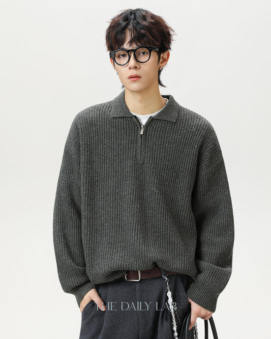 Heavyweight Half-Zip Knit Sweater in  Grey