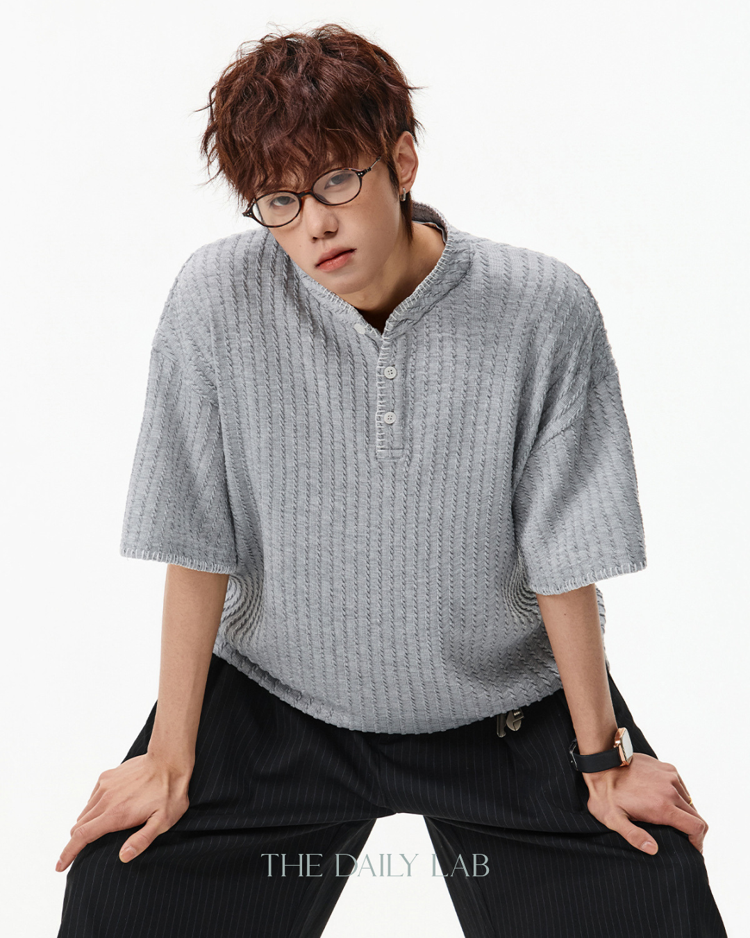 Henley Knit Line Tee in Grey