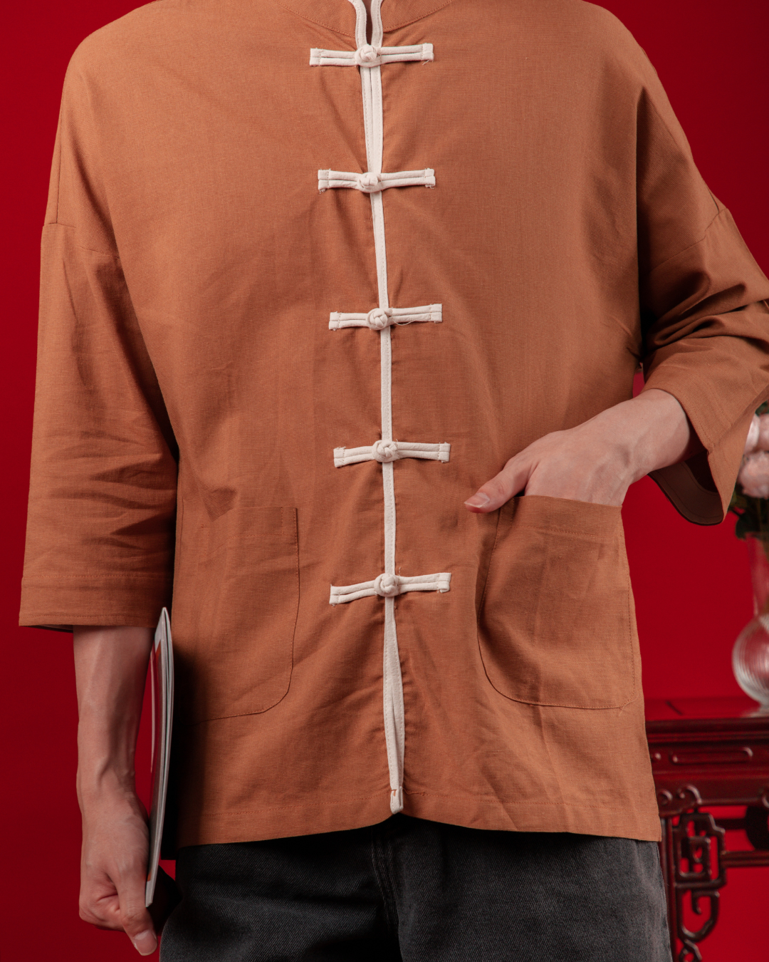 Chinese Style Cotton Linen Shirt in Coffee