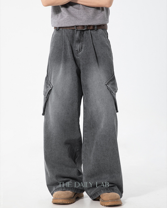 Washed Utility Denim Cargo Pants in Grey
