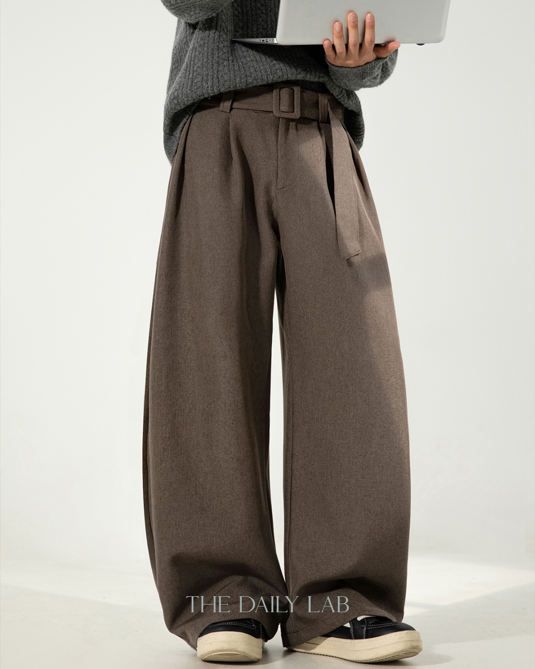 Pleated Draped Curved-Slit Suit Trousers In Brown