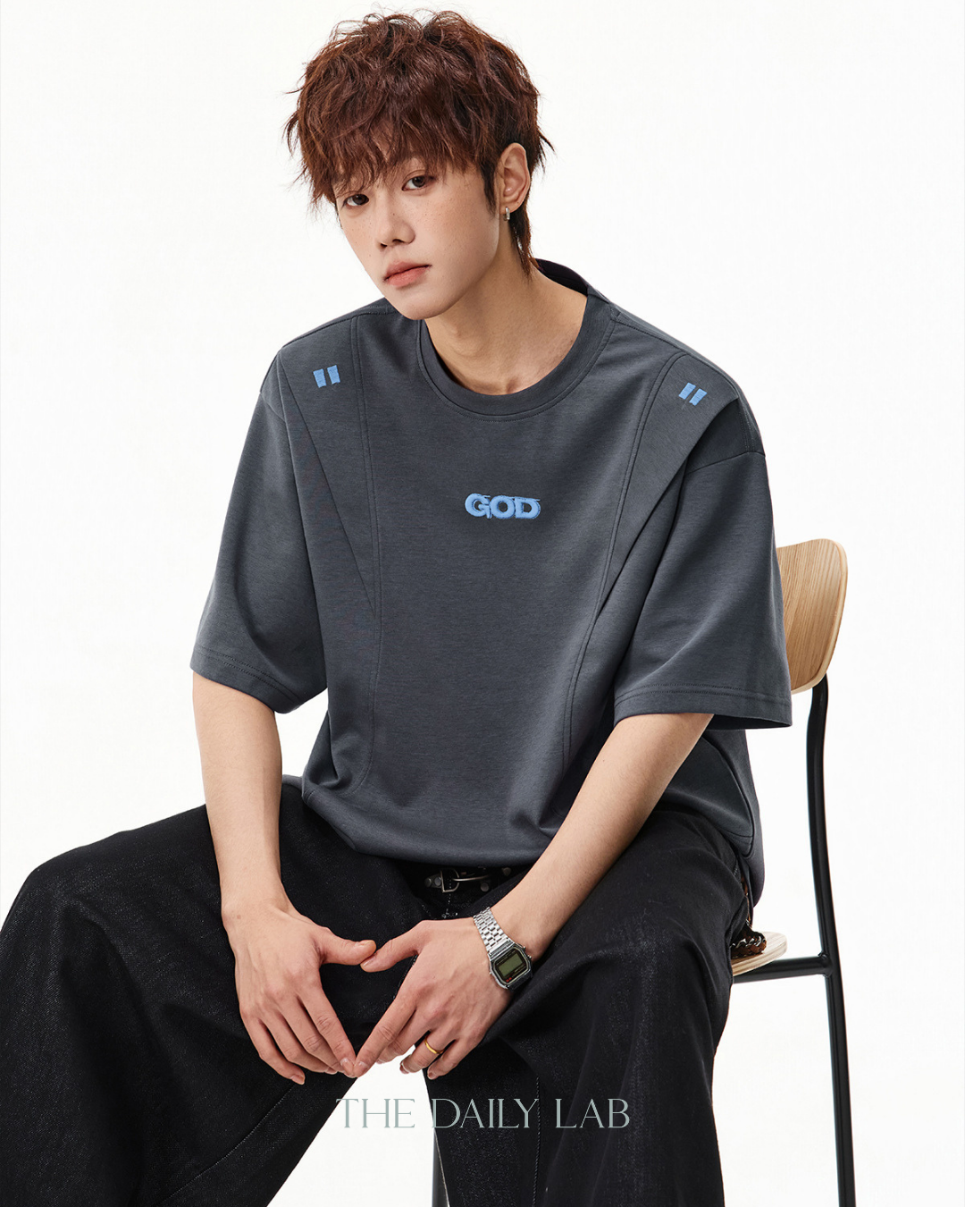 Structured Panel Cotton T-Shirt in Dark Grey