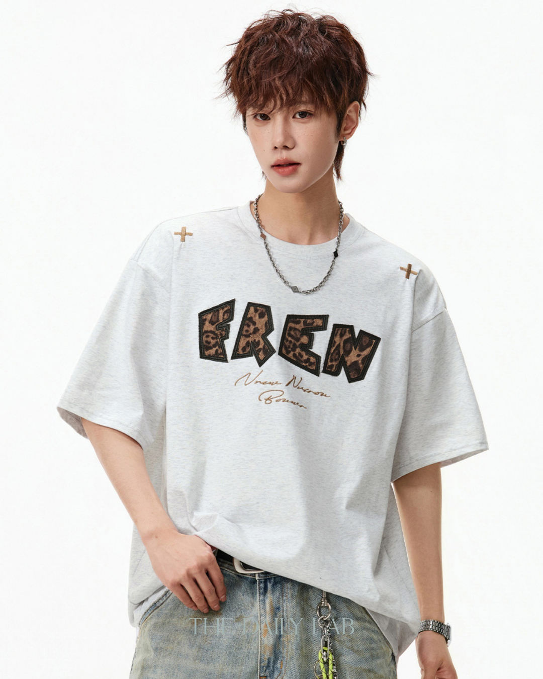 Leopard Print Patch Embroidered Tee in White