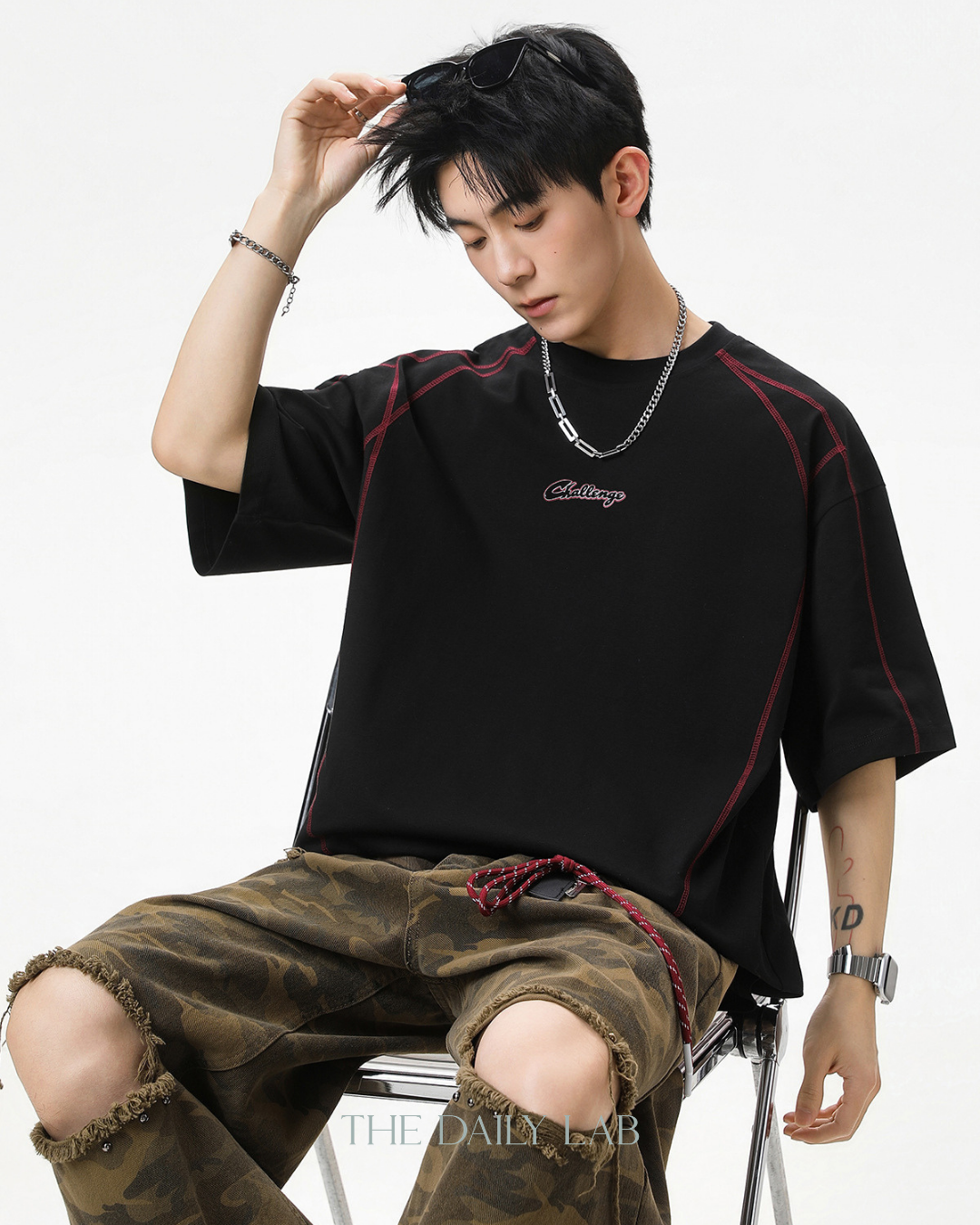 Contrast Panel Letter Tee in Black