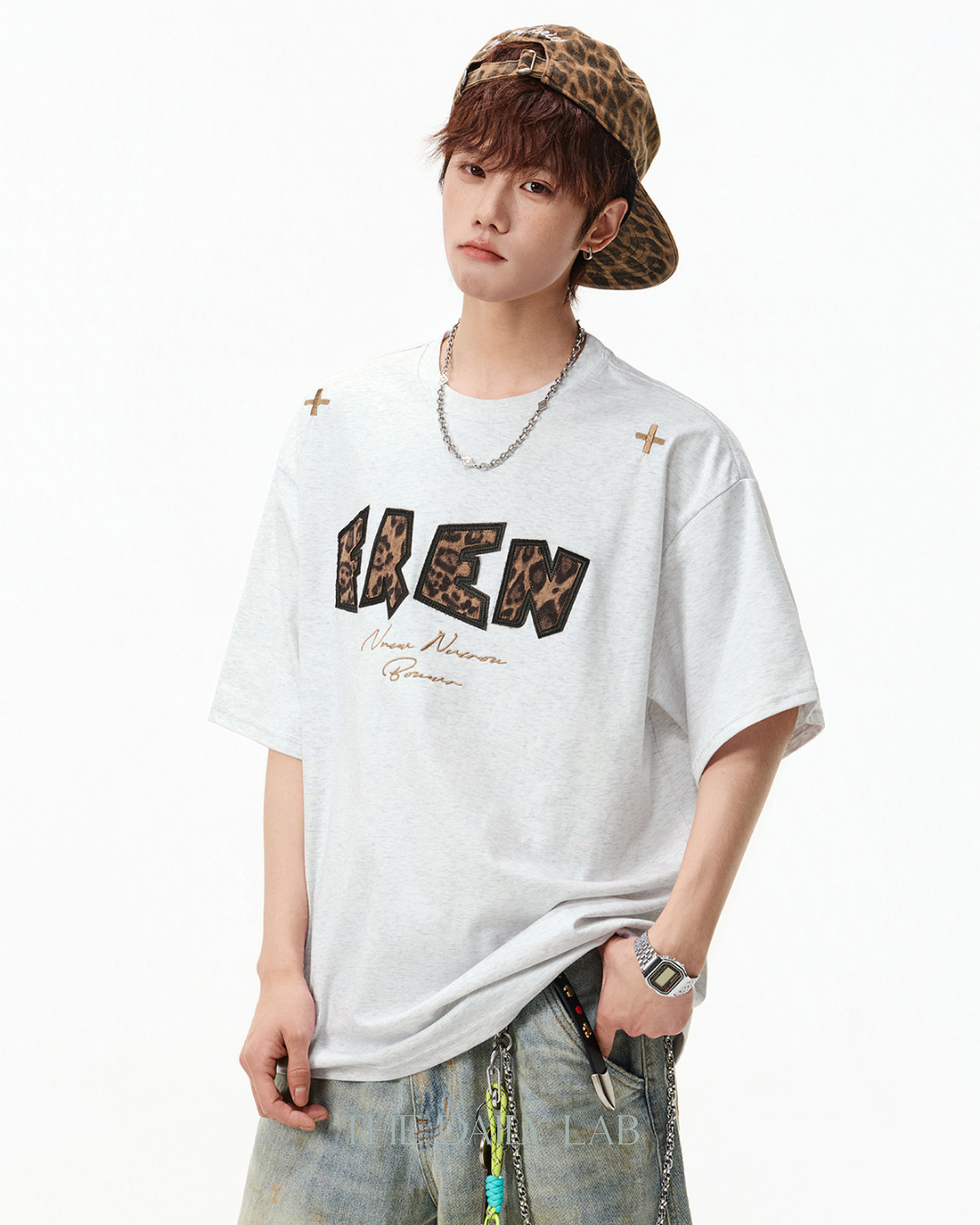 Leopard Print Patch Embroidered Tee in White