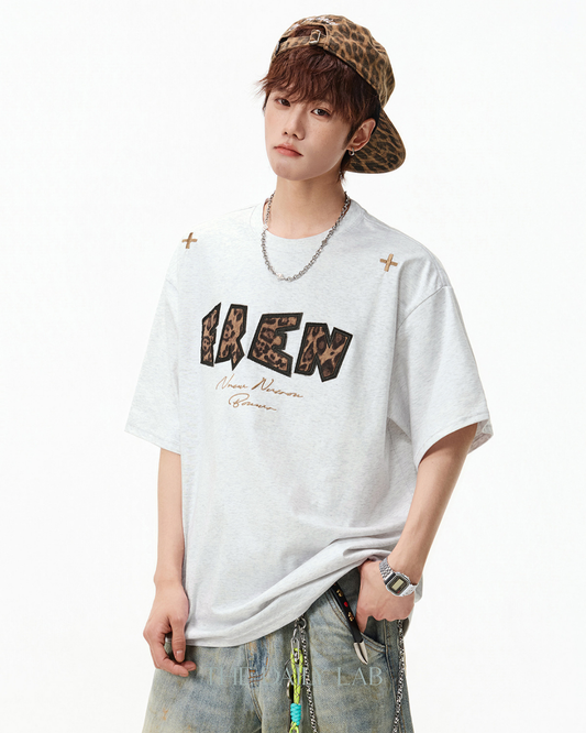 Leopard Print Patch Embroidered Tee in White