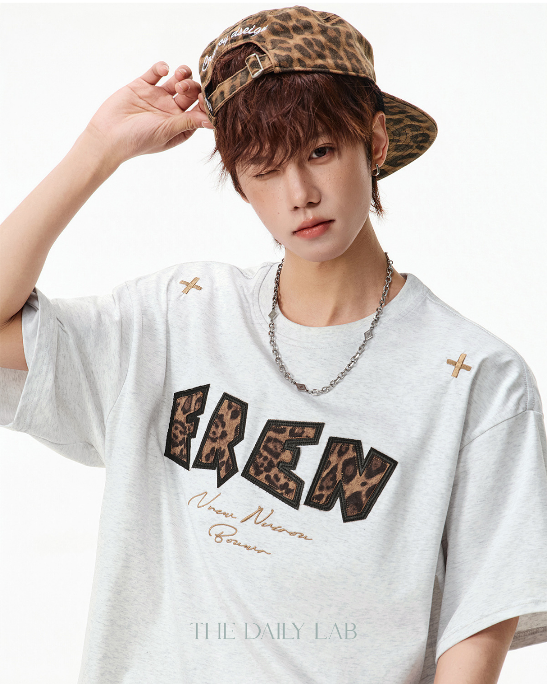 Leopard Print Patch Embroidered Tee in White