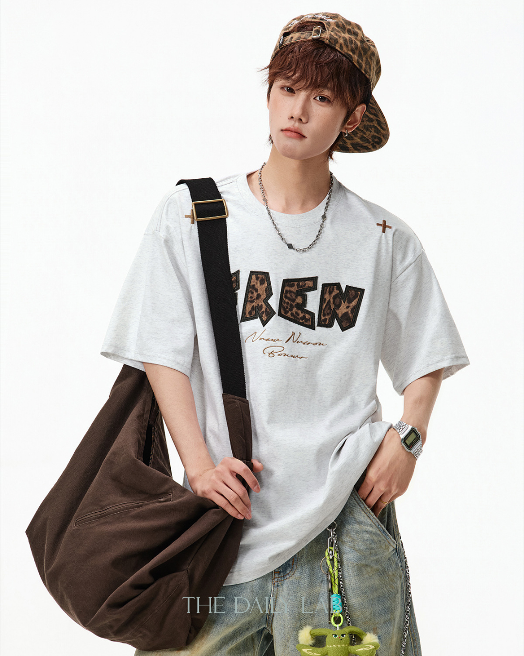 Leopard Print Patch Embroidered Tee in White