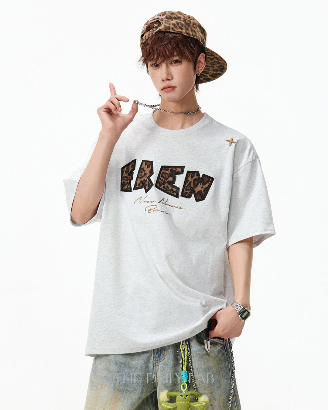 Leopard Print Patch Embroidered Tee in White