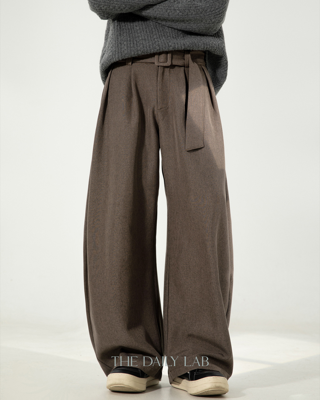 Pleated Draped Curved-Slit Suit Trousers In Brown
