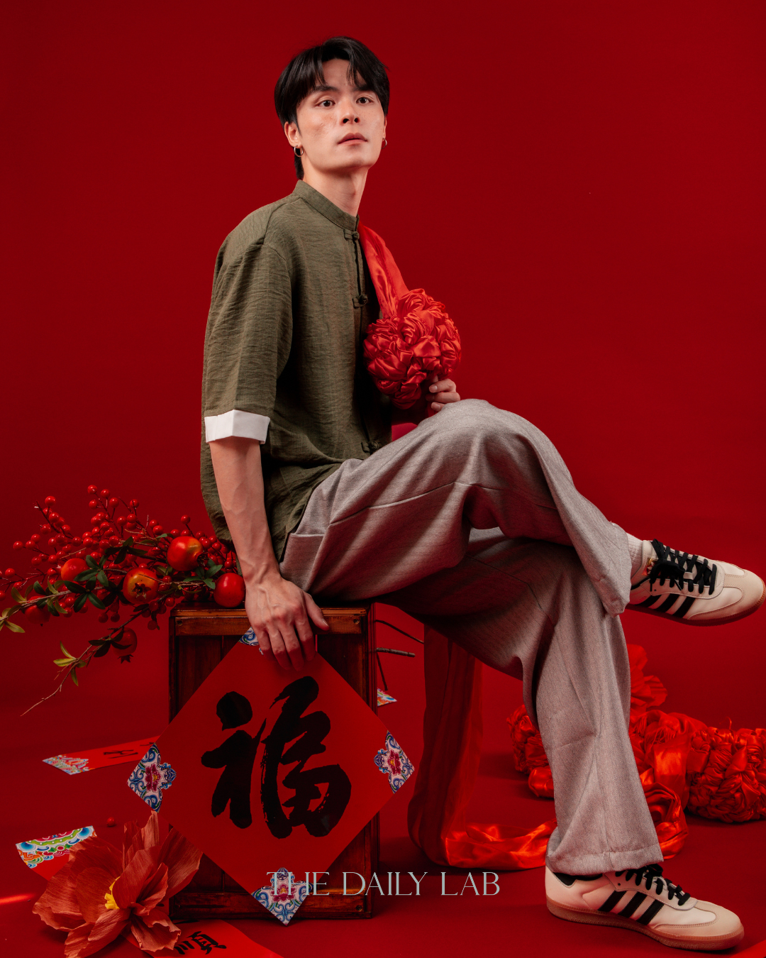 Vintage Linen Chinese Button Shirt in Green