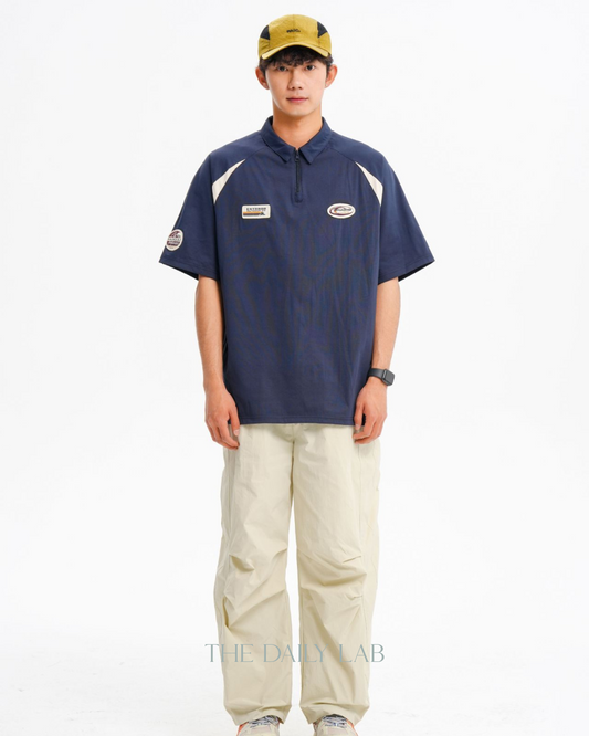 Logo Zipper Polo Shirt in Navy Blue