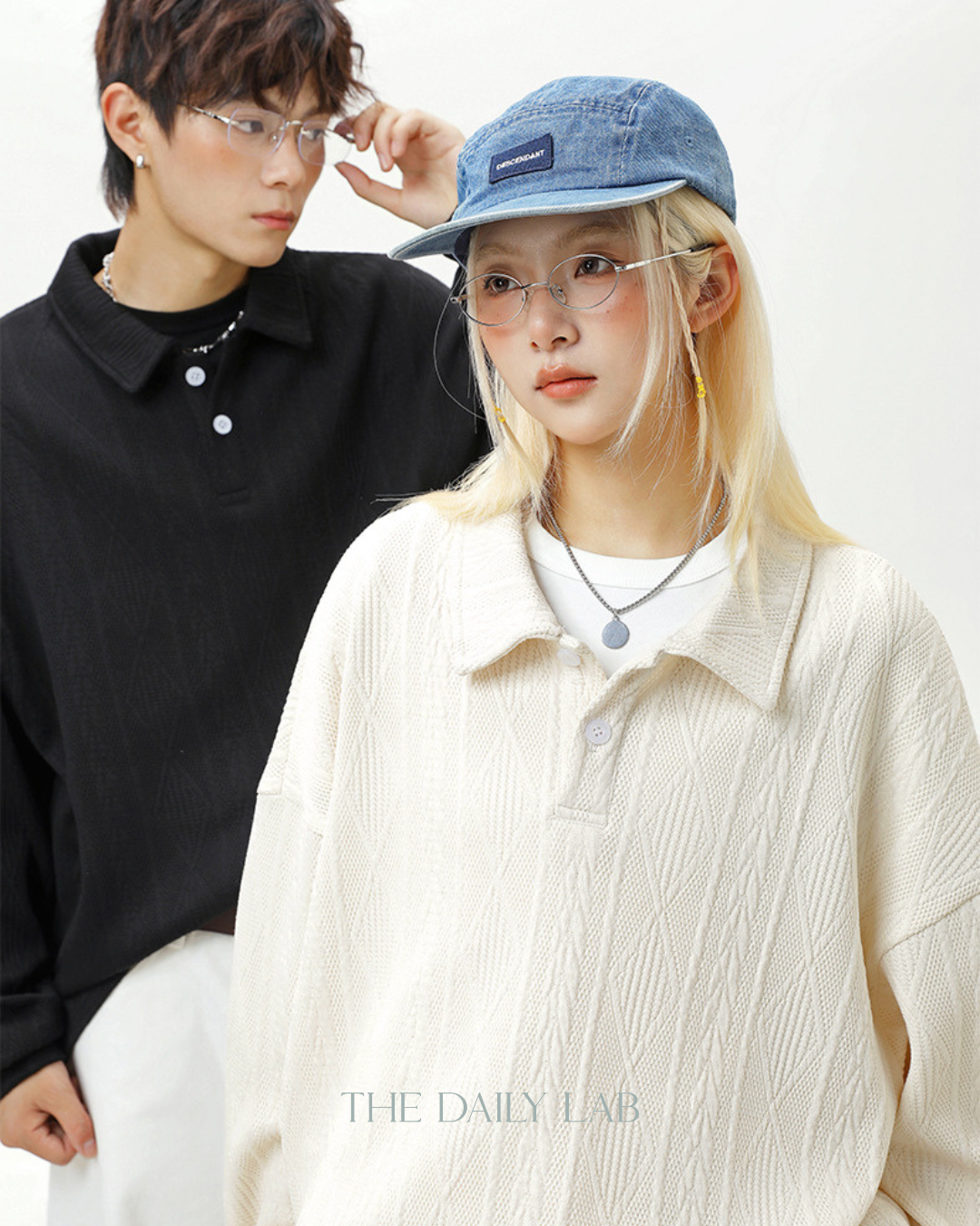 Heavyweight Textured Jacquard Turn-down Collar Sweatshirt In Black