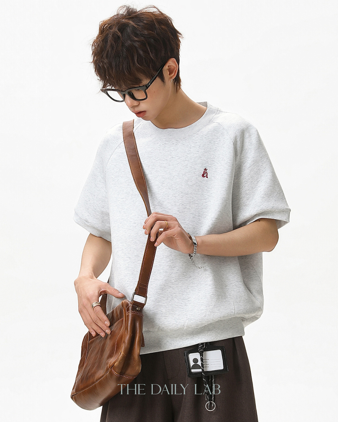 Structured Knit Emblem Tee in Light Grey