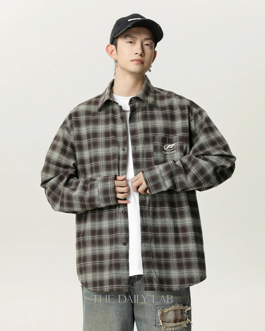 PURSUER Vintage Color-Block Plaid Long-Sleeve Shirt in Brown