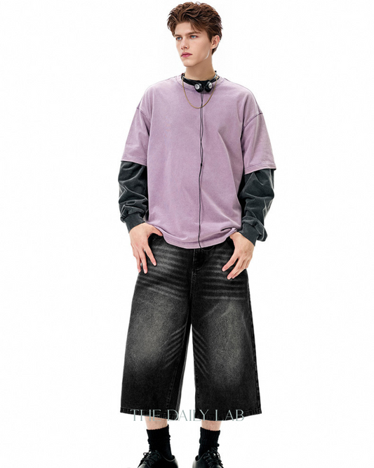 Distressed Cropped Denim Pants in Black