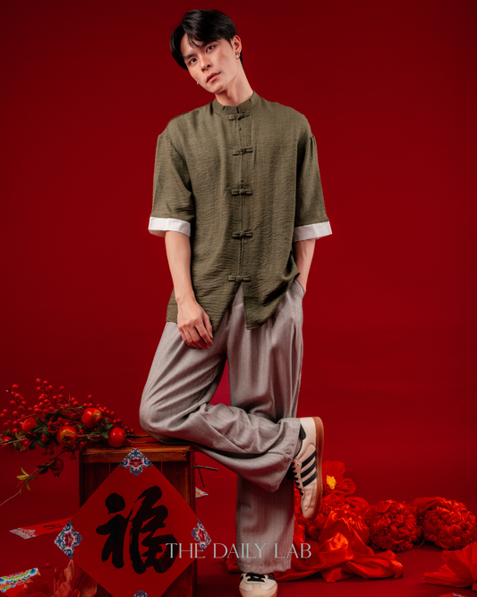 Vintage Linen Chinese Button Shirt in Green