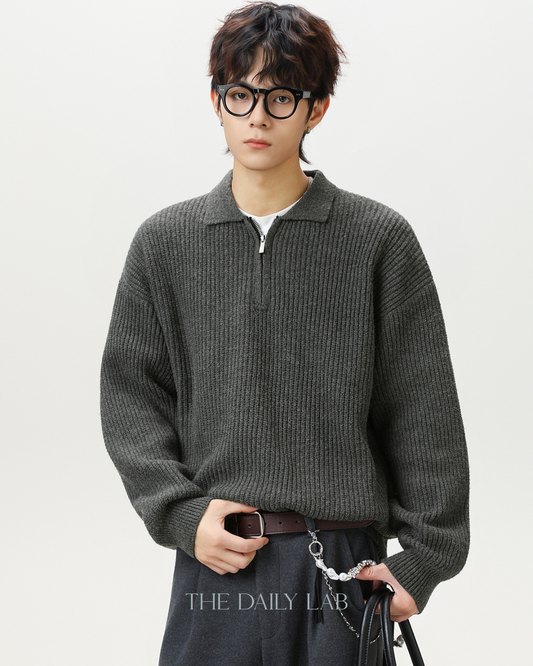 Heavyweight Half-Zip Knit Sweater in  Grey