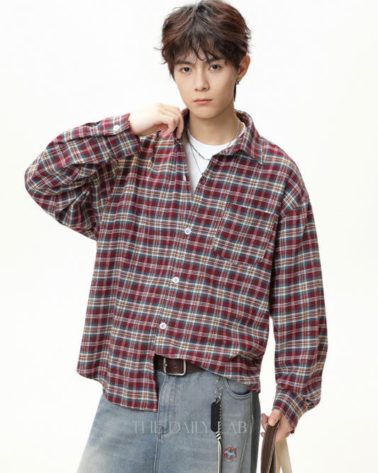 American Vintage Color-block Checkered Long Sleeve Shirt In Red