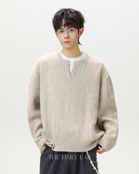 Oversized V-Neck Knit Sweater in Oatmeal