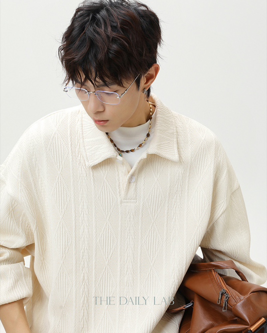 Heavyweight Textured Jacquard Turn-down Collar Sweatshirt In White