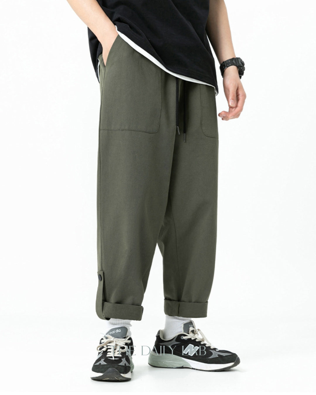 Twill Pocketed Straight Long Pants in Green