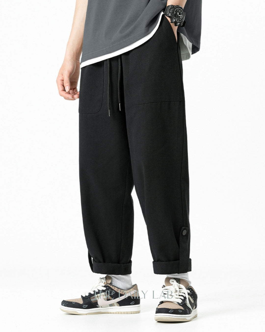 Twill Pocketed Straight Long Pants in Black