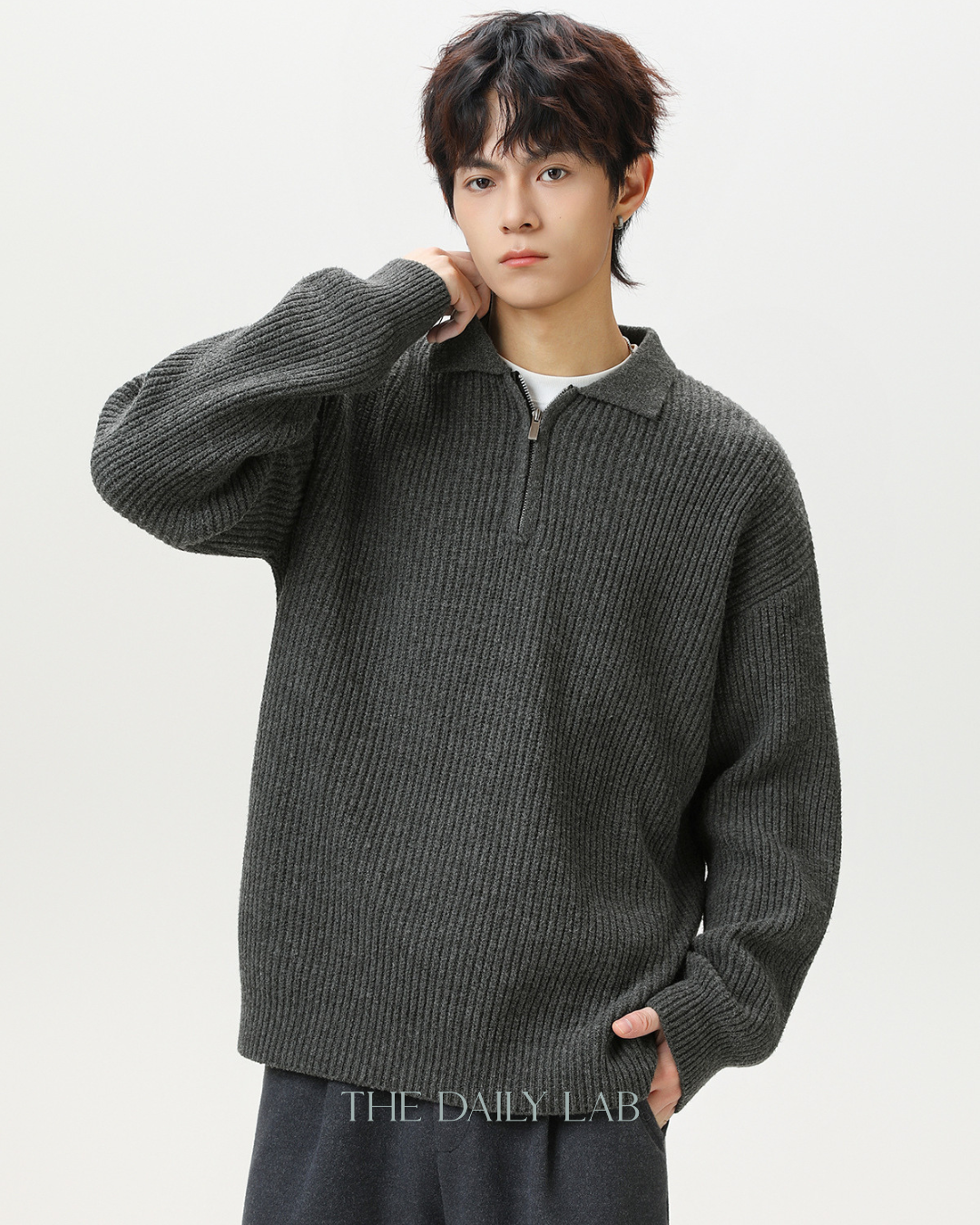 Heavyweight Half-Zip Knit Sweater in  Grey