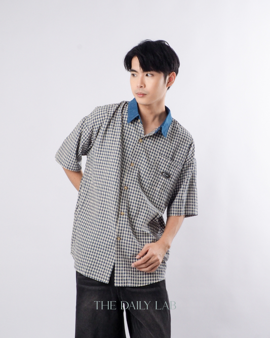Japanese Vintage Plaid Denim Shirt in Blue