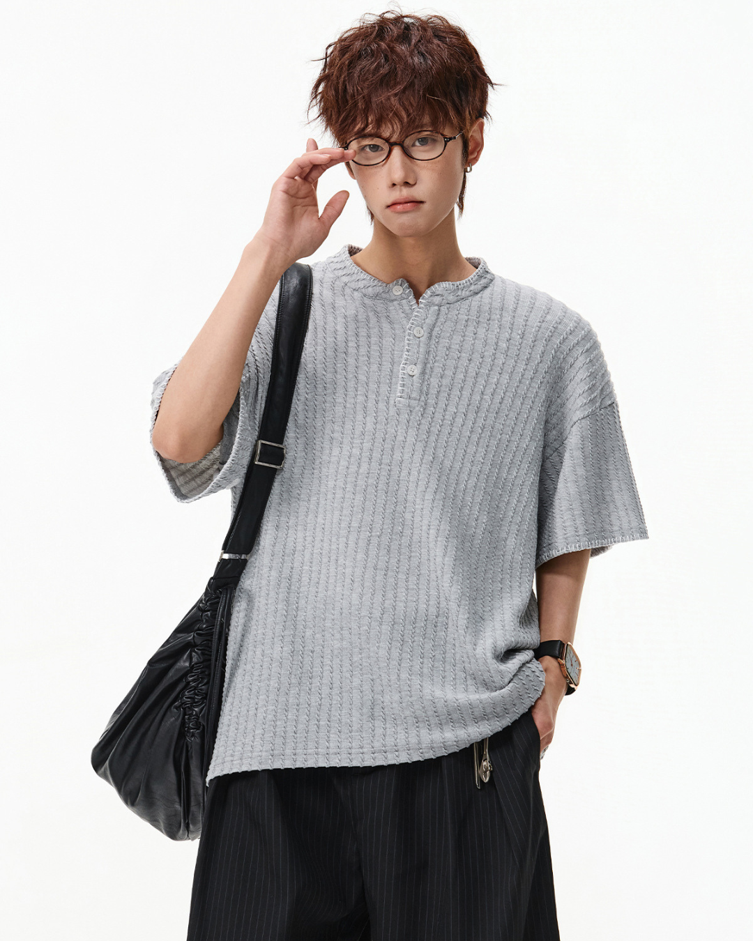 Henley Knit Line Tee in Grey