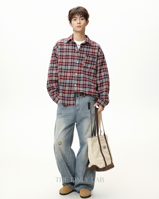 American Vintage Color-block Checkered Long Sleeve Shirt In Red