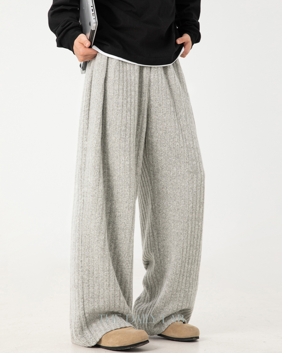 Textured Fleece Loose-fit Draped Casual Pants In Light Grey
