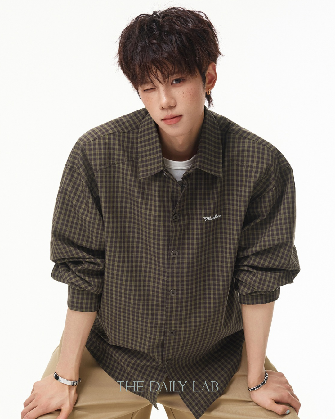 Vintage Check Embroidered Shirt in Green Brown