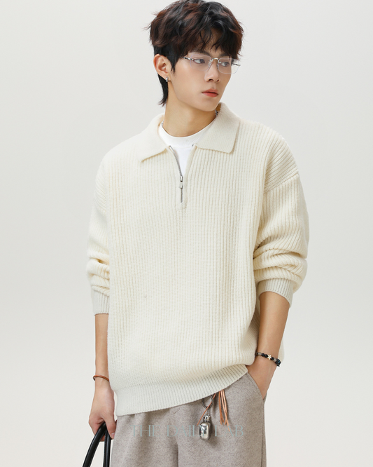 Heavyweight Half-Zip Knit Sweater in  White