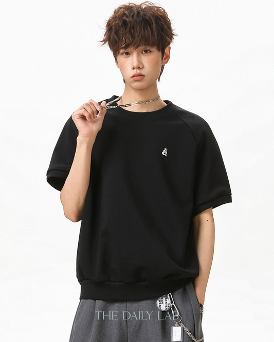 Structured Knit Emblem Tee in Black
