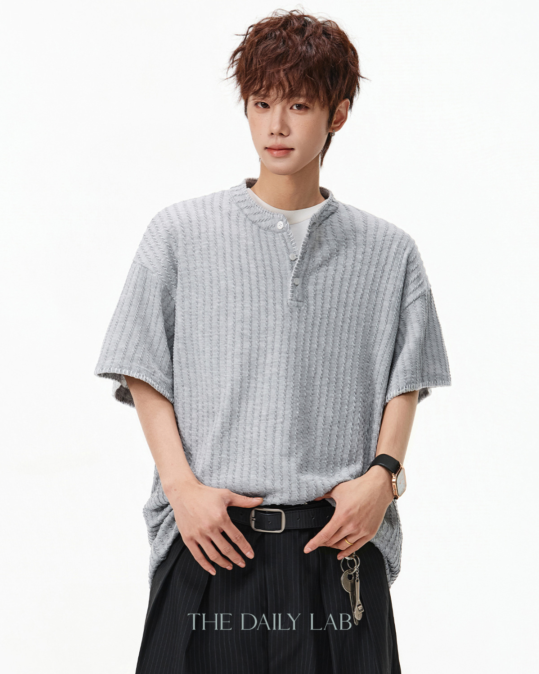 Henley Knit Line Tee in Grey