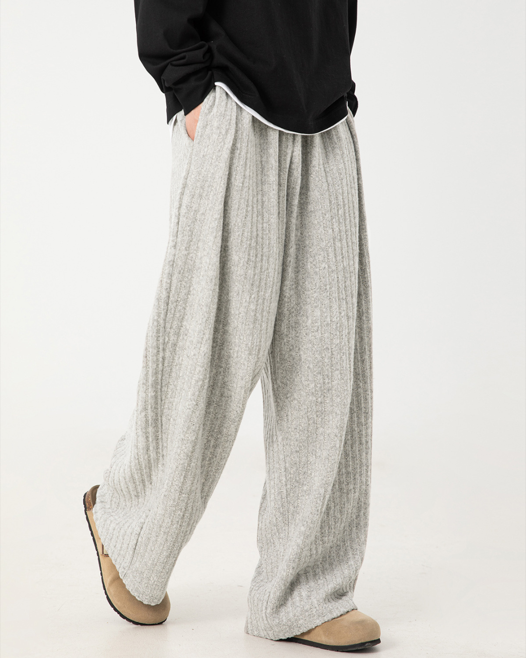Textured Fleece Loose-fit Draped Casual Pants In Light Grey