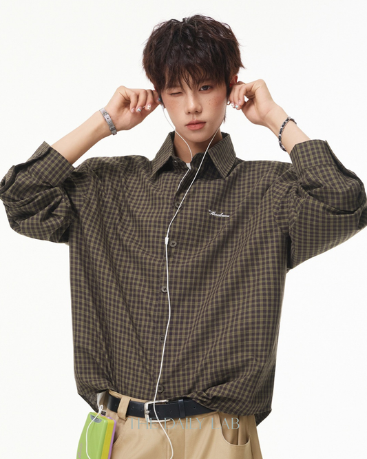Vintage Check Embroidered Shirt in Green Brown